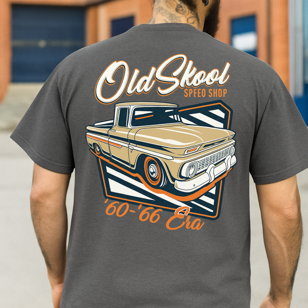 Person wearing a gray t-shirt with a graphic of a vintage truck and 'Old School Speed Shop' text.