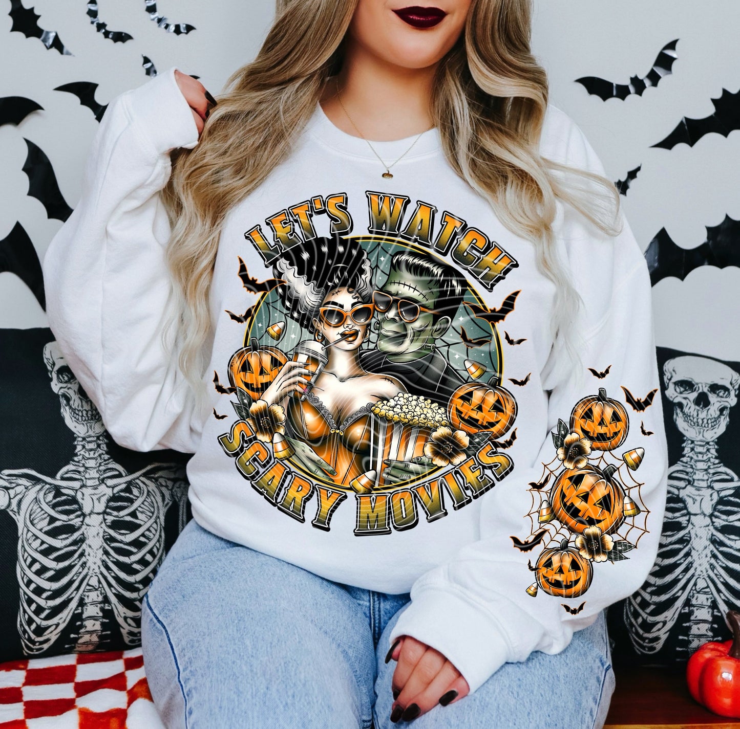 T-Shirt Hoody Crewneck – “Let’s Watch Scary Movies” | Bride & Monster Halloween Date Night Design