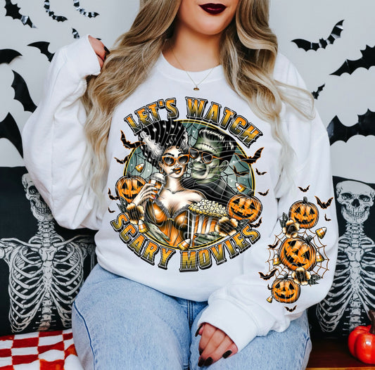 T-Shirt Hoody Crewneck – “Let’s Watch Scary Movies” | Bride & Monster Halloween Date Night Design