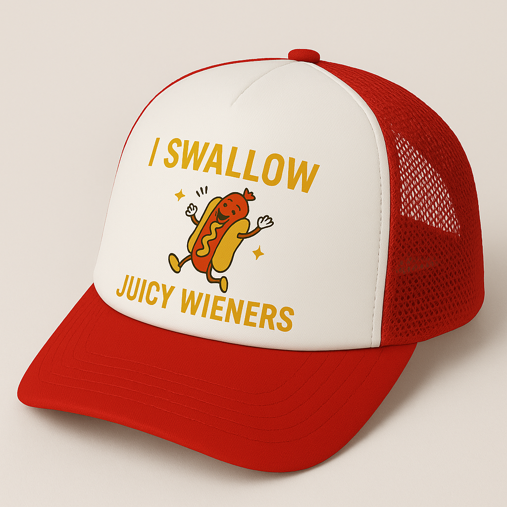 Trucker Hat – I Swallow Juicy Wieners Funny Hot Dog Mesh Cap