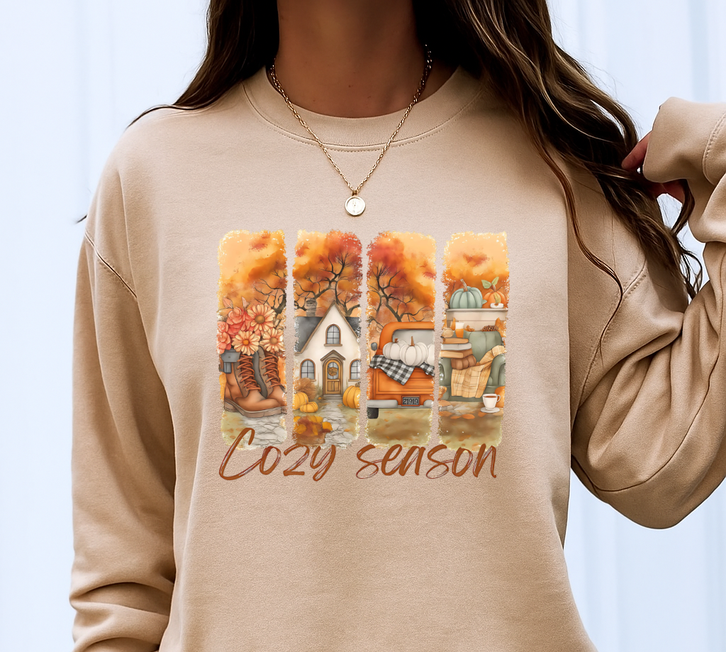 T-Shirt Crewneck Hoody – Cozy Season Fall Scene with Cottage, Pumpkins & Autumn Trees
