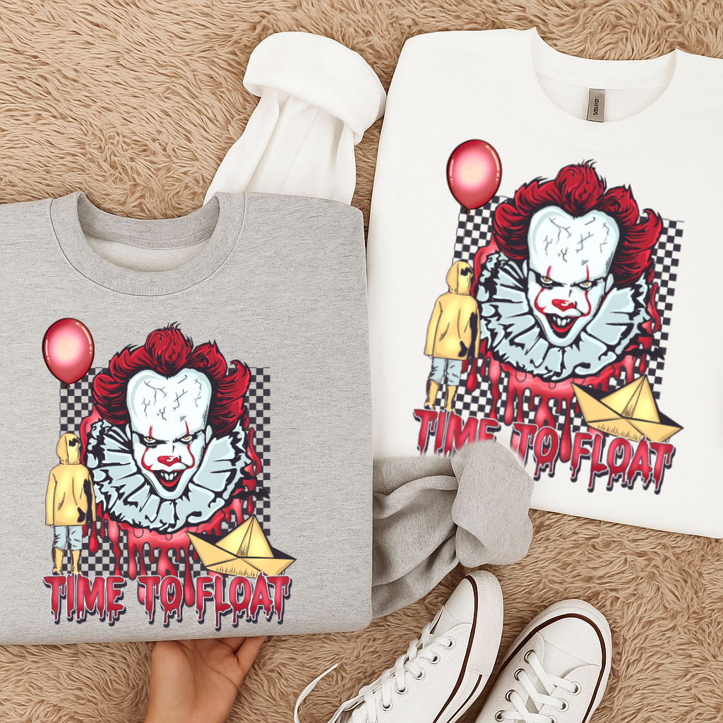 DTF Transfer – “Time to Float” Horror Clown Design Red Balloon Paper Boat Halloween