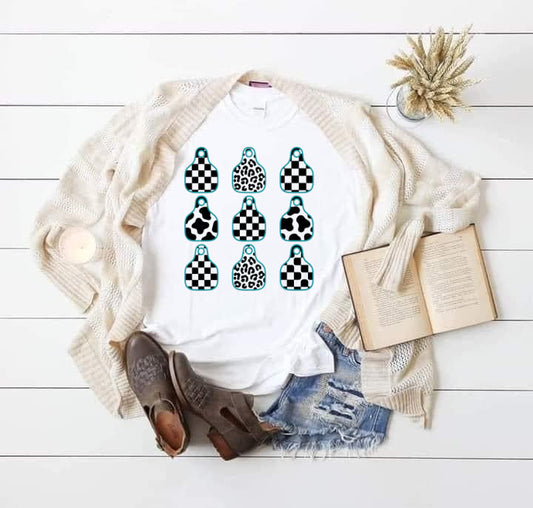 T-Shirt Sweatshirt Crewneck Ear Tag Pattern Grid – Checker, Cow Print & Leopard Mix