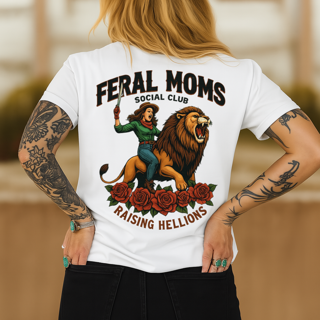 DTF Transfer Feral Moms Social Club – Raising Hellions Lion & Roses Print