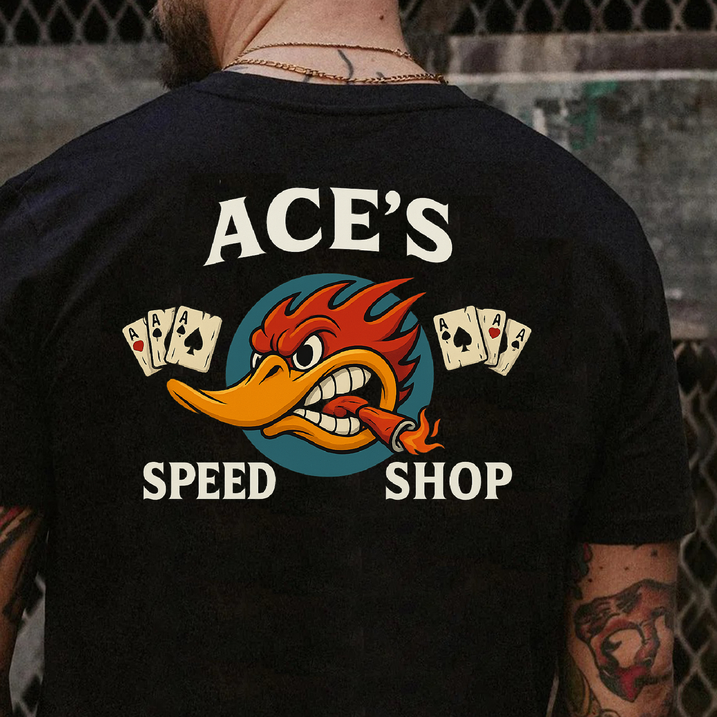 DTF Transfer – Ace’s Speed Shop Hot Rod Duck with Playing Cards