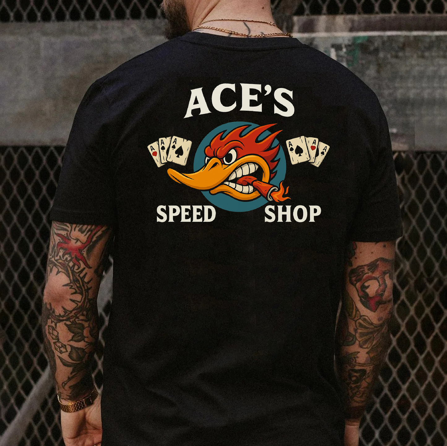 DTF Transfer – Ace’s Speed Shop Hot Rod Duck with Playing Cards