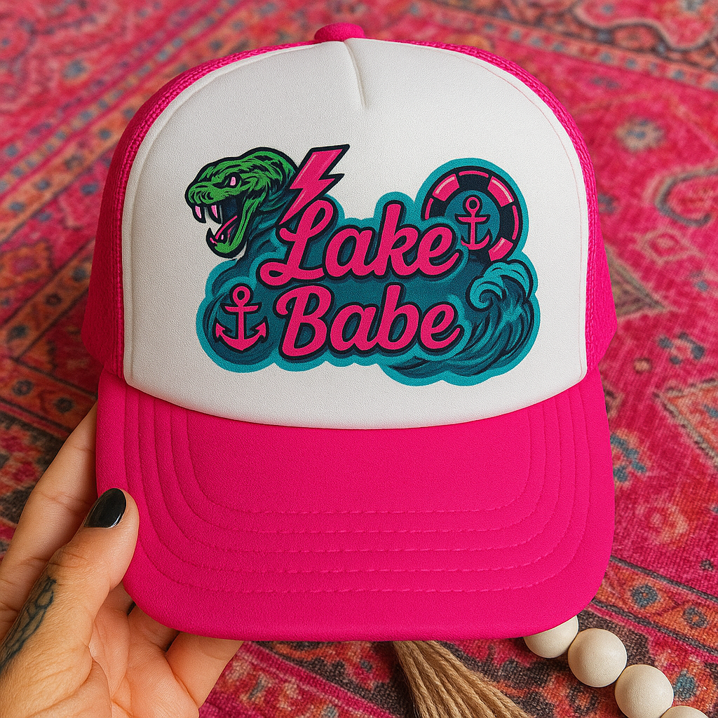 Lake Babe Trucker Hat – Hot Pink Retro Anchor & Snake Graphic Cap