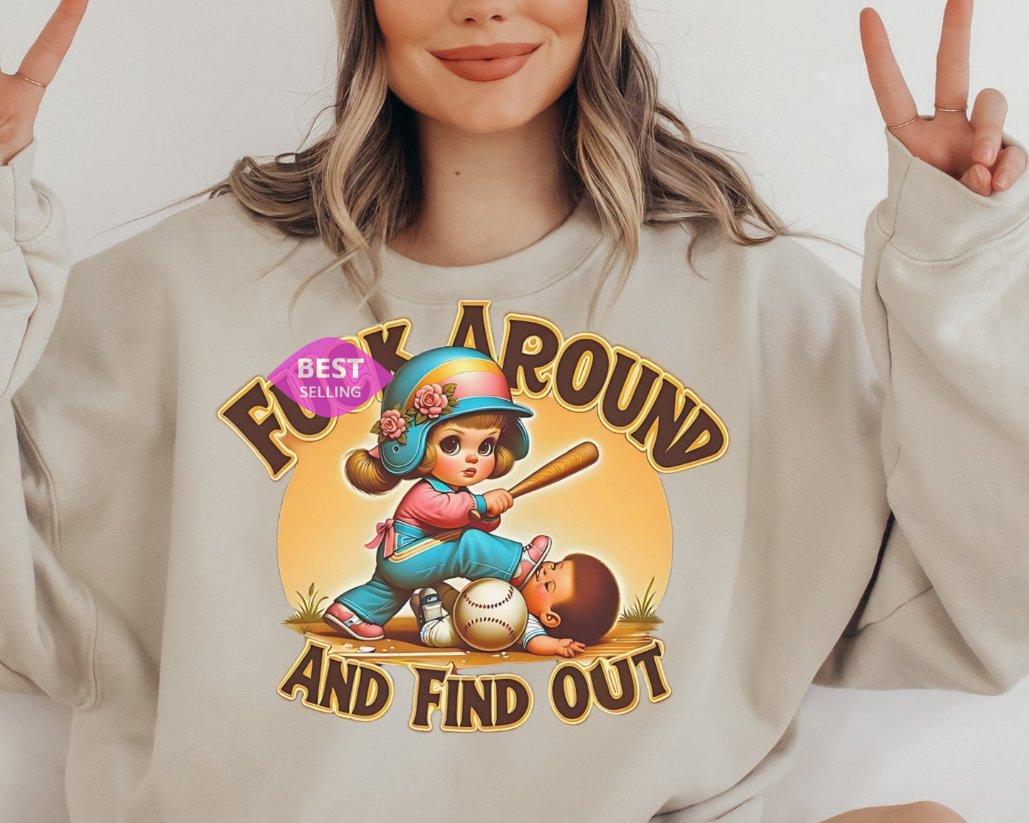 a woman wearing a sweatshirt that says fly a round and find out