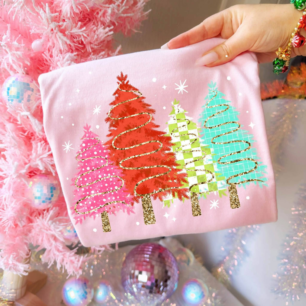 Colourful Christmas Trees with Gold Ribbon printed garment design preview
