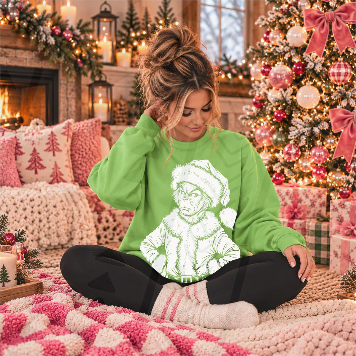 Festive white line-art Grinch wearing a Santa hat and Christmas coat, as displayed on a green sweatshirt.