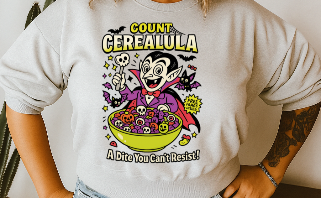 Person wearing a white sweatshirt with 'Count Cereaulula' graphic design.
