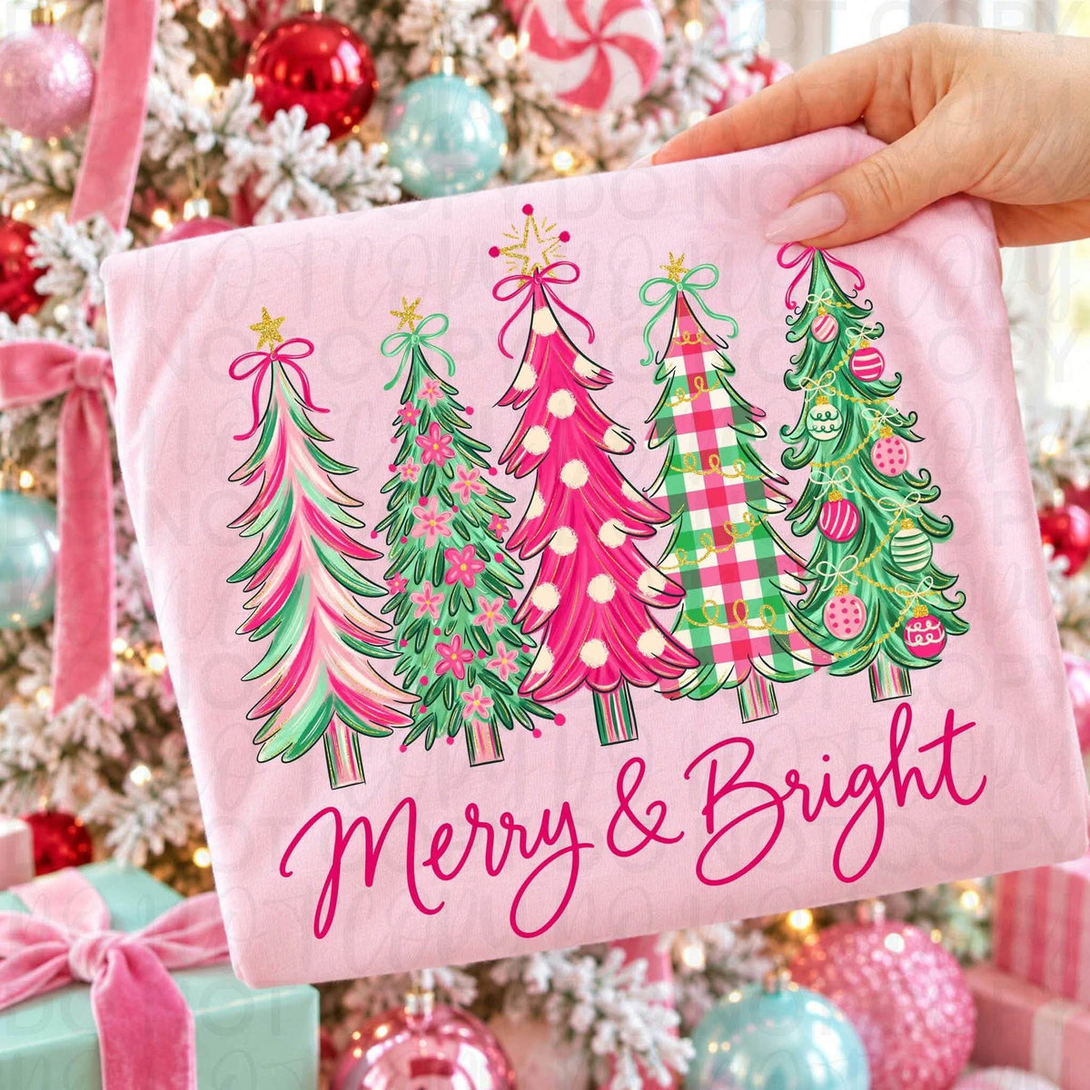 Merry & Bright Pink and Green Christmas Trees printed garment design preview