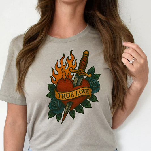 T-Shirt Sweatshirt Crewneck True Love – Flaming Heart & Dagger with Blue Roses Front and Back Print Design