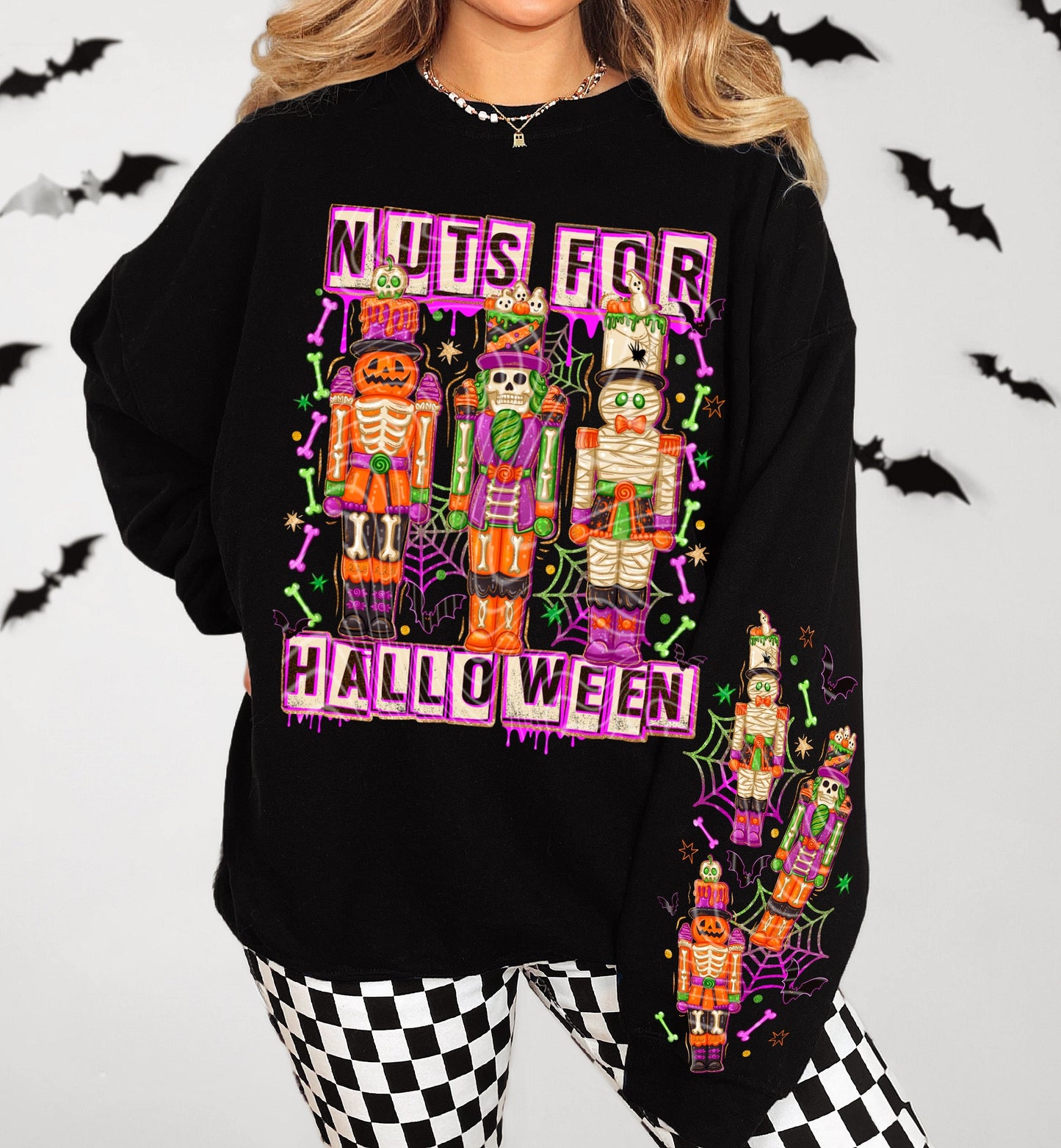 T-Shirt Crewneck Hoody – Nuts for Halloween Nutcracker Squad with Candy, Bones