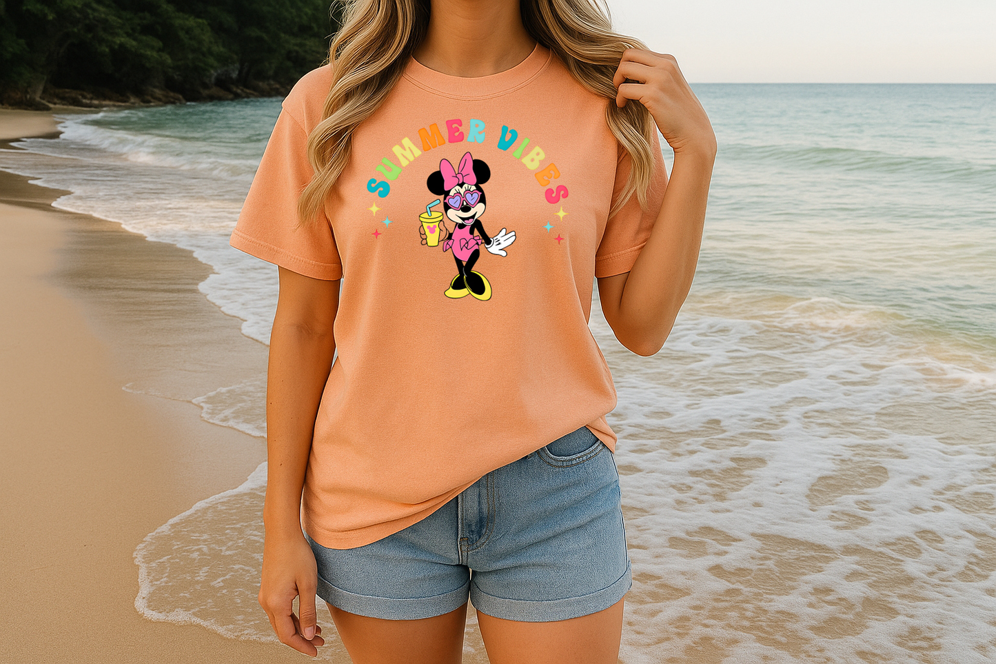 T-Shirt Crewneck Hoody – Summer Vibes Cartoon Girl with Drink & Sunglasses