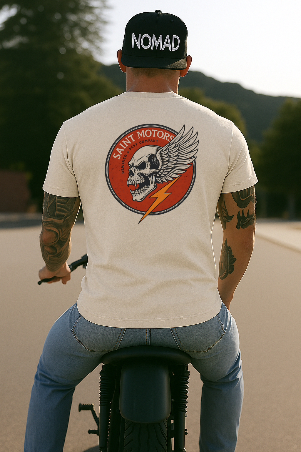 DTF Transfer – Saint Motors Winged Skull with Lightning Bolt