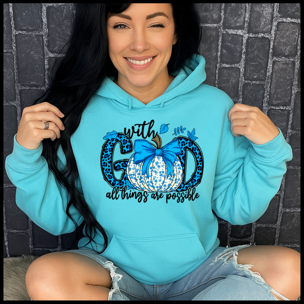 T-Shirt Hoody With God All Things Are Possible – Blue Gingham Pumpkin & Leopard Print Faith Graphic