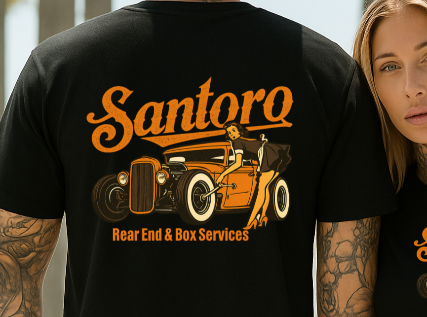 Two people wearing black t-shirts with 'Santoro' logo and vintage car illustration.