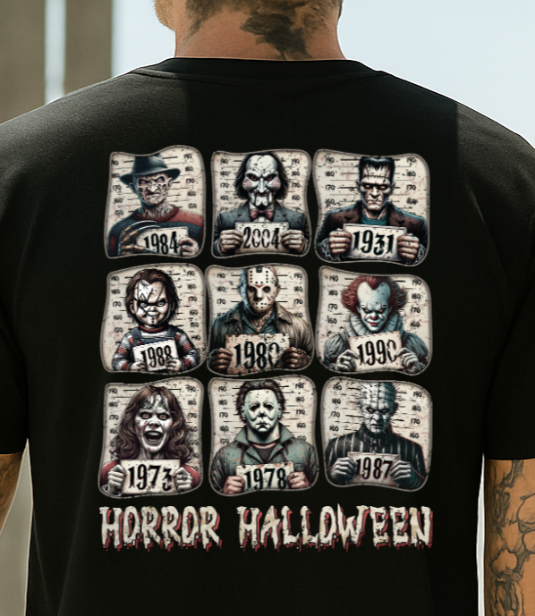 Two people wearing black t-shirts with 'Horror Halloween' design, one on the back and one on the front.