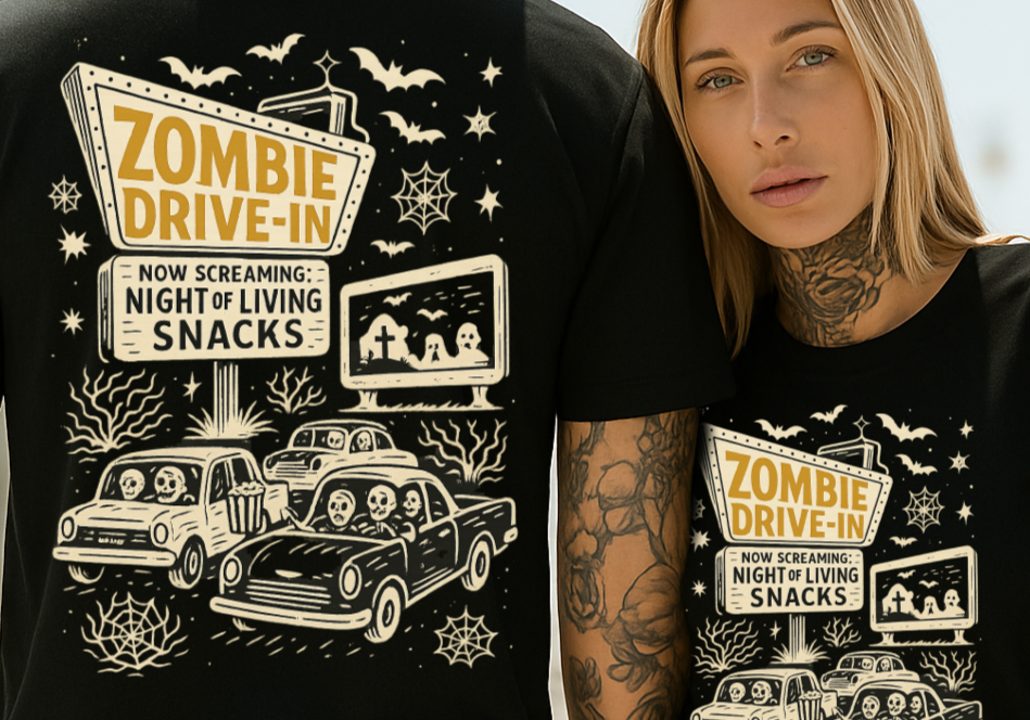 Two people wearing black t-shirts with a zombie-themed design.