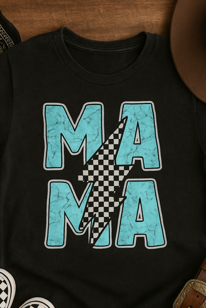 T-Shirt Or Crewneck Hoodie – Blue Marble MAMA with Checkered Lightning Bolt Design