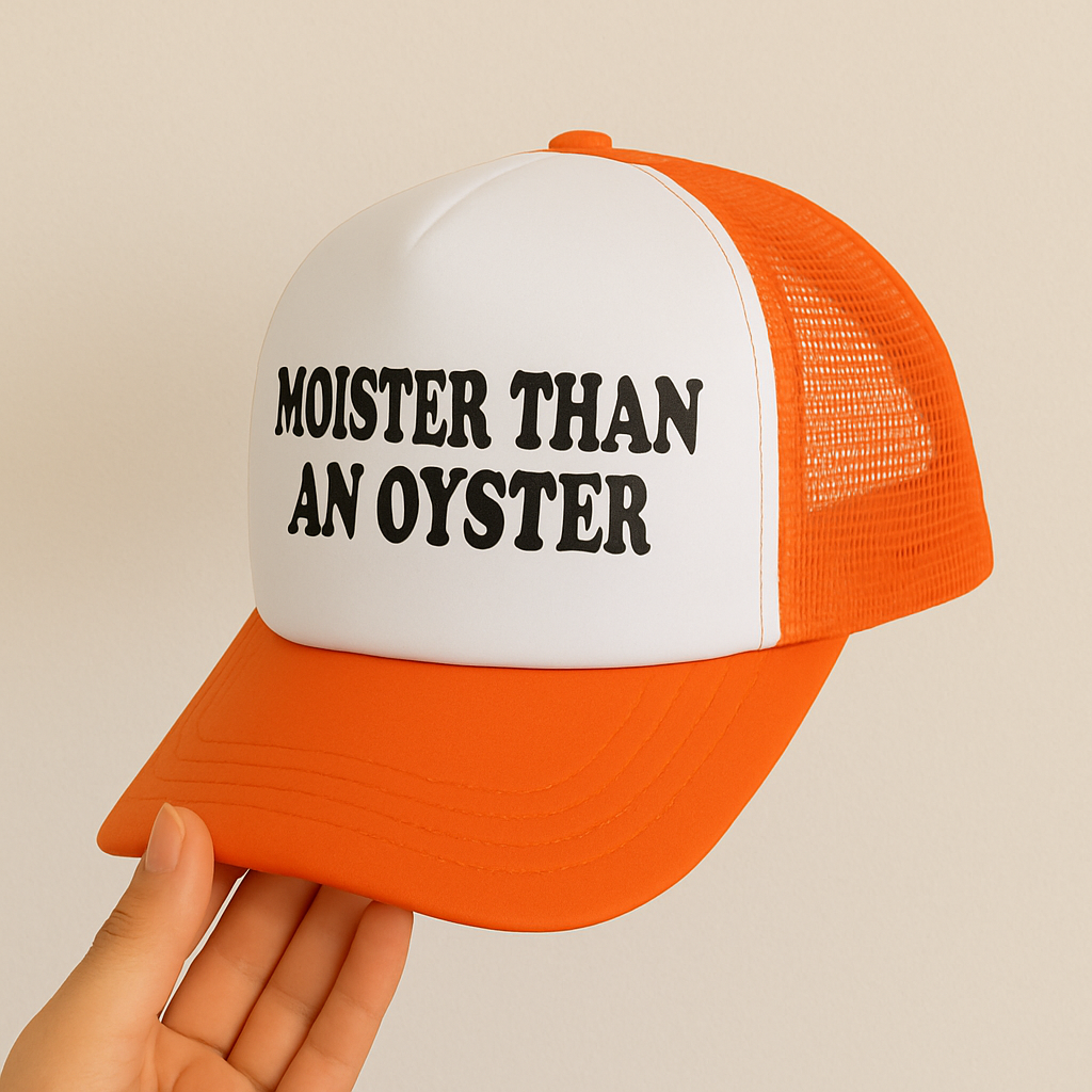 Moister Than an Oyster – Funny Orange Trucker Hat