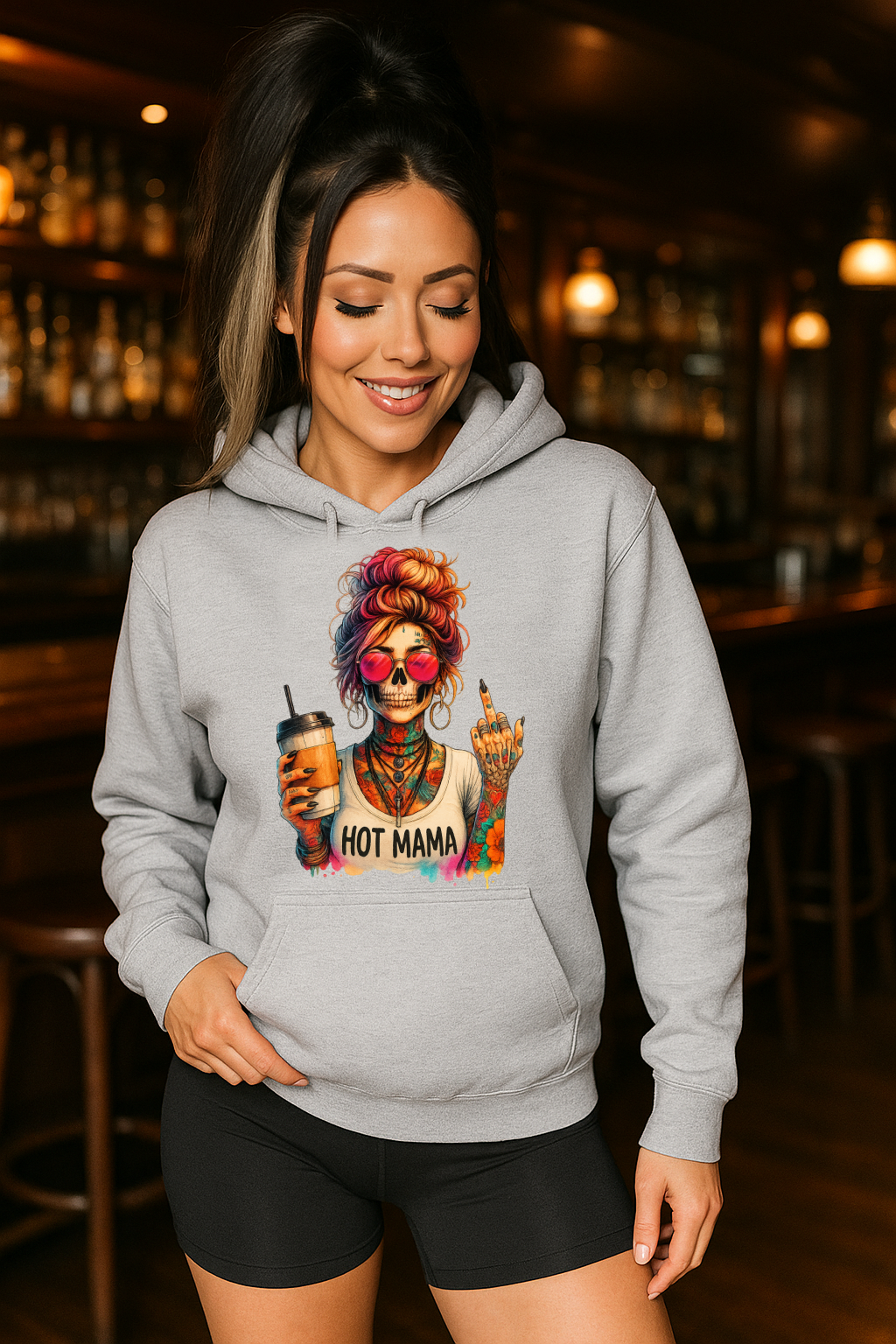 DTF Transfer Hot Mama Tattooed Skull – Colorful Coffee Skeleton with Attitude