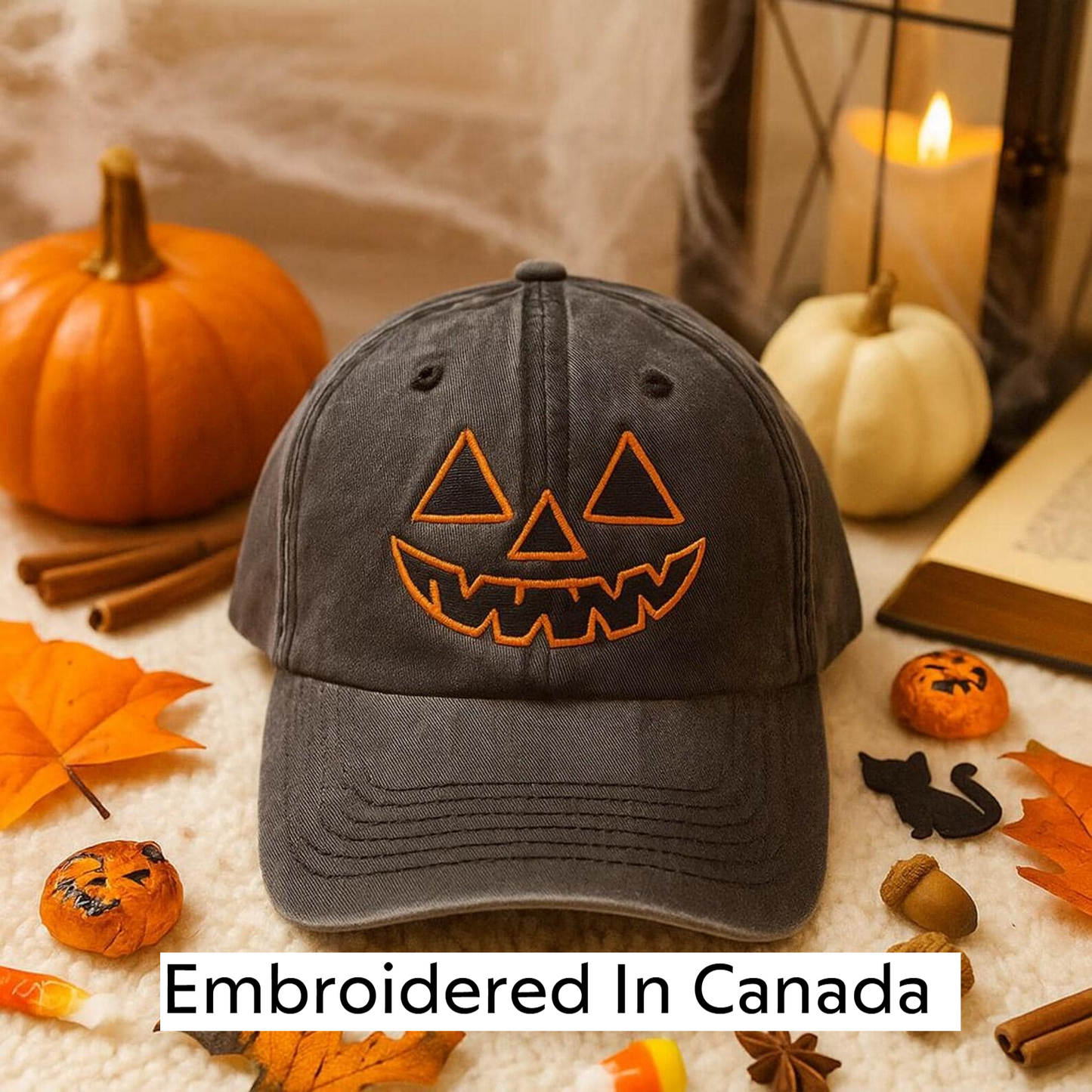 A black baseball cap with an orange jack-o-lantern embroidered on it, surrounded by Halloween decorations such as a pumpkin, candy, and a lit candle.