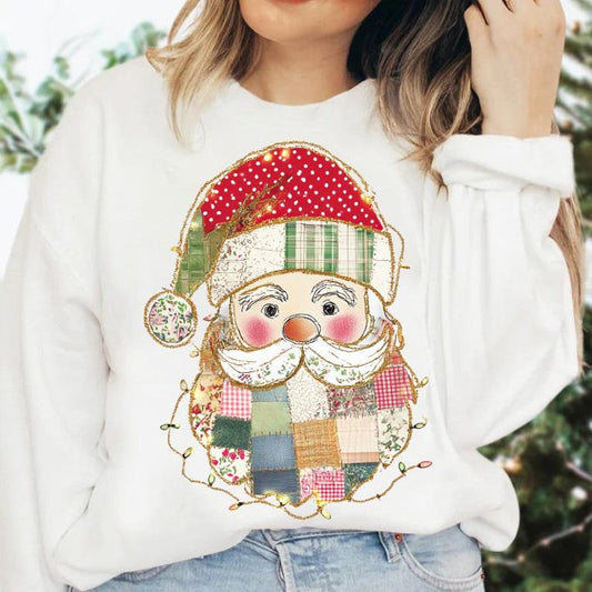 DTF Transfer Vintage Patchwork Santa Cozy Christmas Print