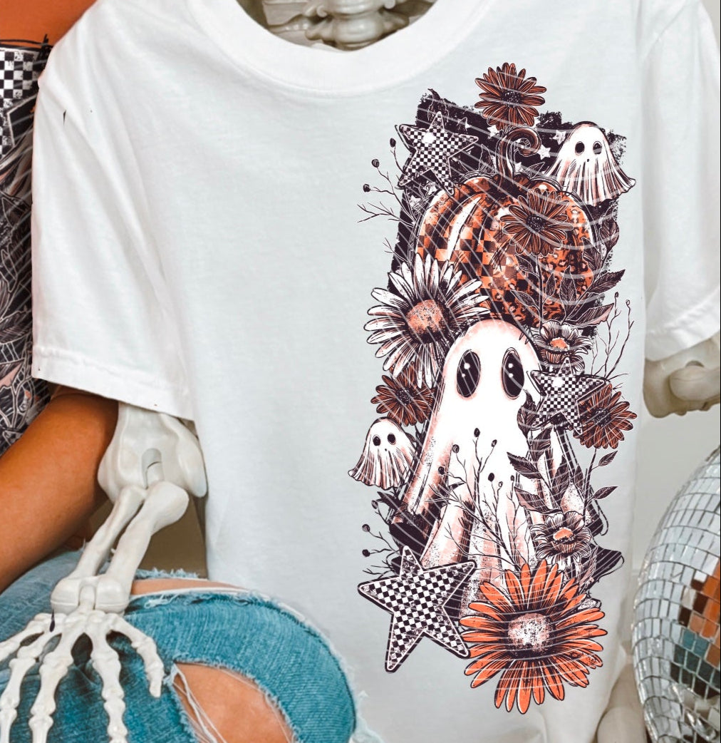 DTF Transfer Ghost Floral Grunge – Neutral Halloween with Checker Stars & Fall Flowers