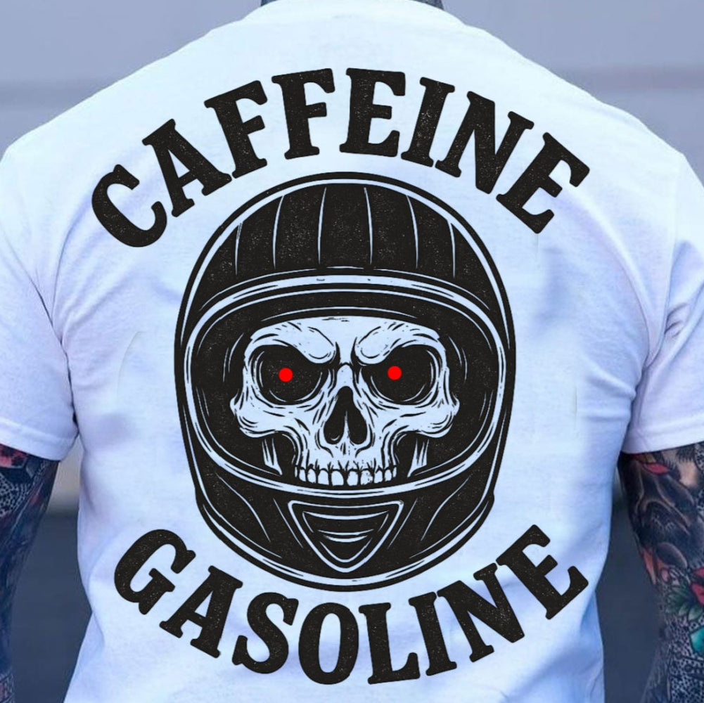 DTF Transfer Skull – Caffeine Gasoline Retro Biker Design