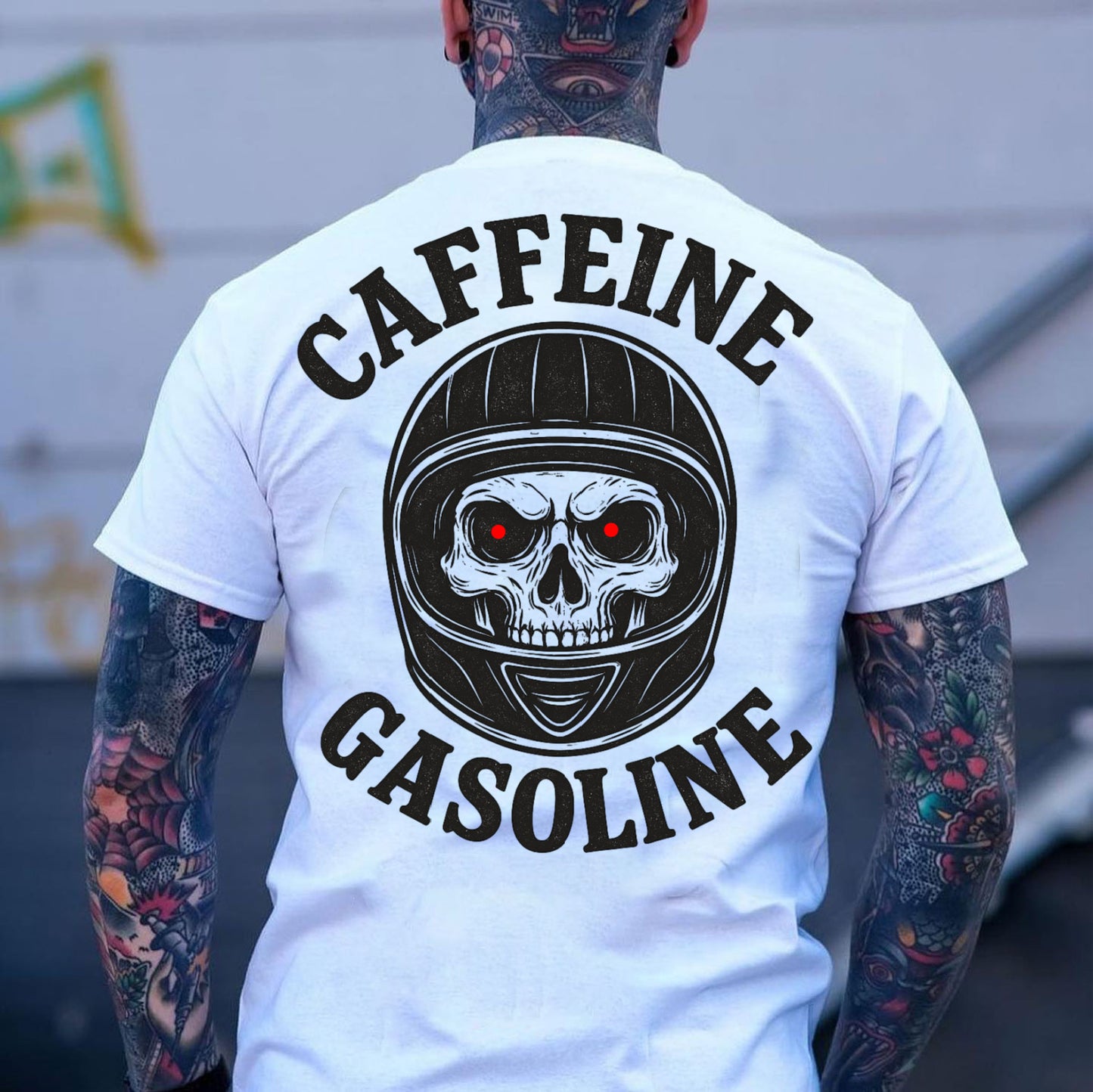 DTF Transfer Skull – Caffeine Gasoline Retro Biker Design