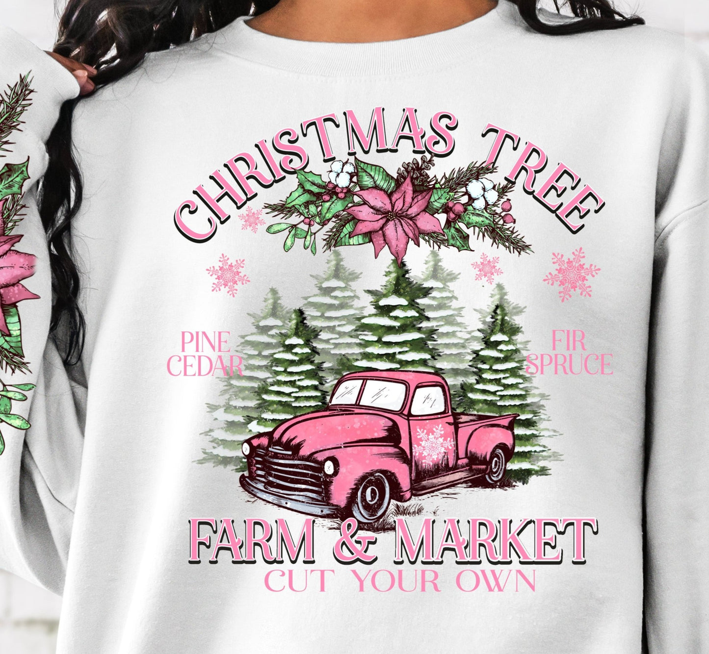 DTF Transfer Christmas Hallmark Style Truck Farm Truck Pink W/ Sleeves