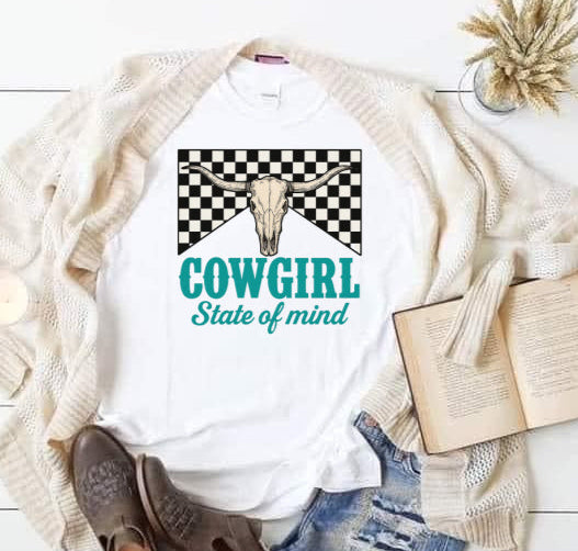 DTF Transfer Cowgirl State of Mind – Western Skull with Checkerboard Design