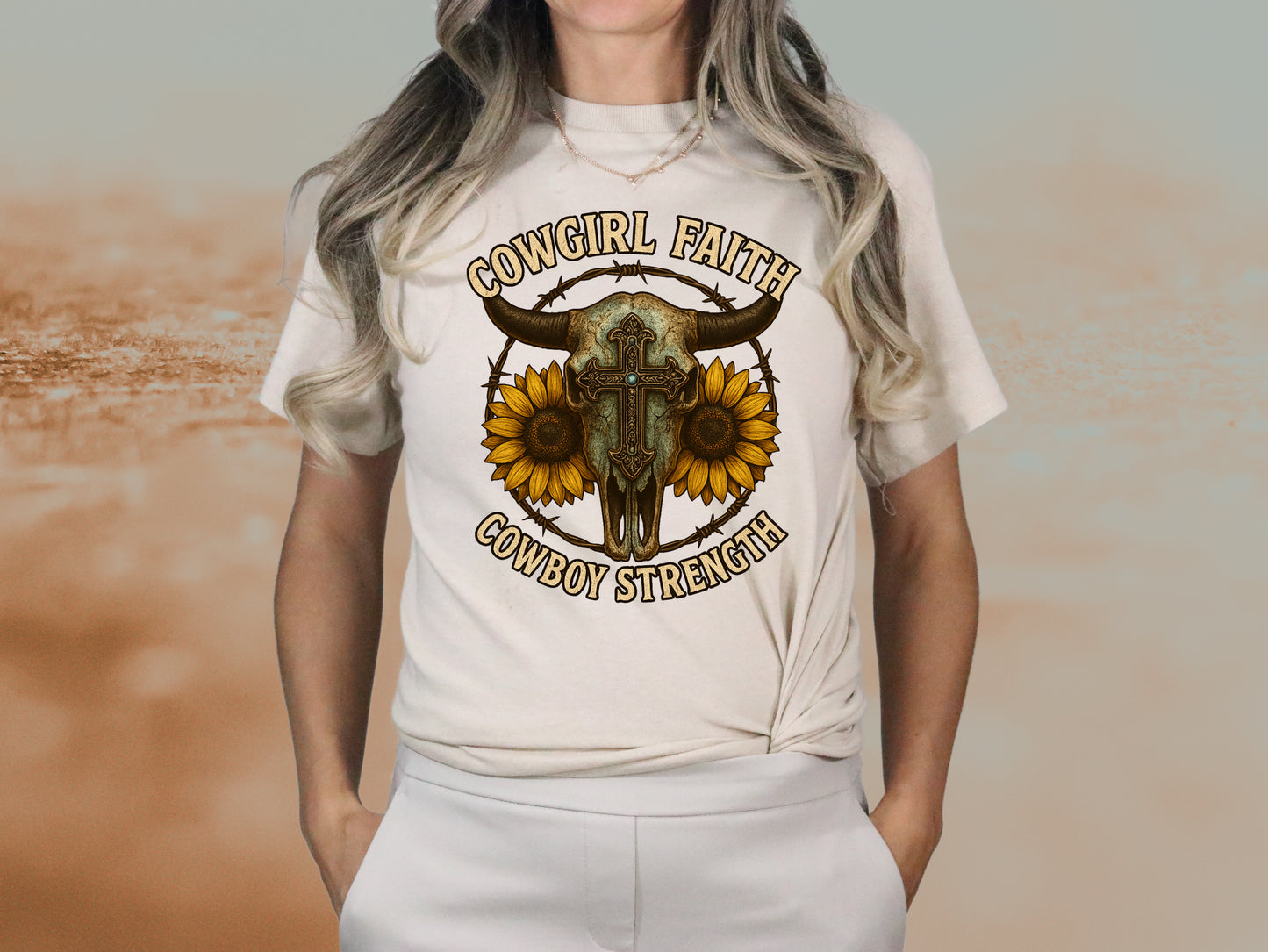 DTF Transfer Cowgirl Faith Cowboy Strength – Western Skull & Sunflower Design