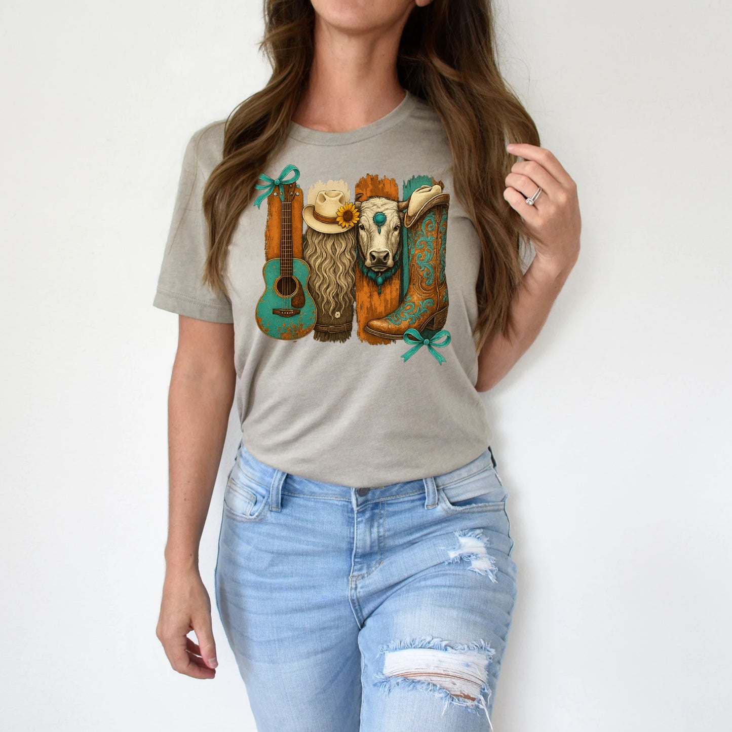 DTF Transfer Western Cow – Guitar, Boots, Hat & Highland Print with Teal Accents
