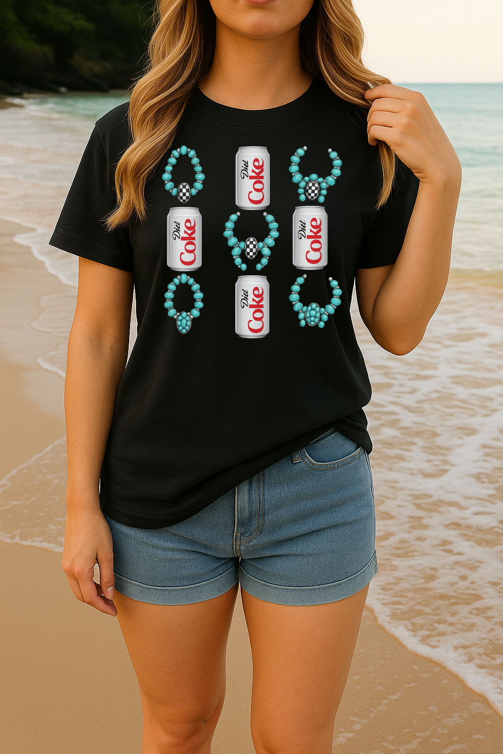 DTF Transfer – Diet Coke & Turquoise Western Concho Jewelry Graphic