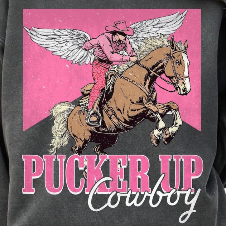 Hoodie Sweatshirt Crew T-Shirt - Pucker Up Cowboy Valentine Design