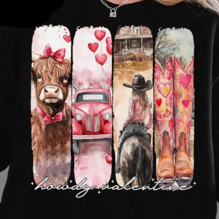 Hoodie Sweatshirt Crew T-Shirt - Howdy Valentine Cowgirl Western Design