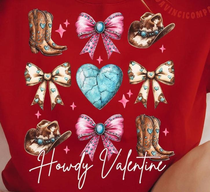 Hoodie Sweatshirt Crew T-Shirt Valentines - Howdy Valentine Turquoise Heart Design