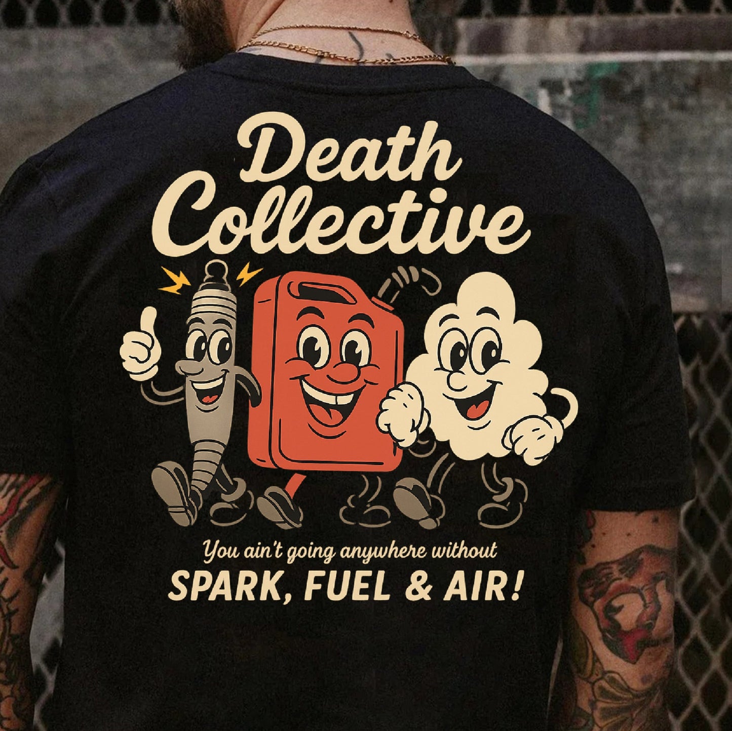 DTF Transfer Death Collective – Spark, Fuel & Air Vintage Cartoon Tee