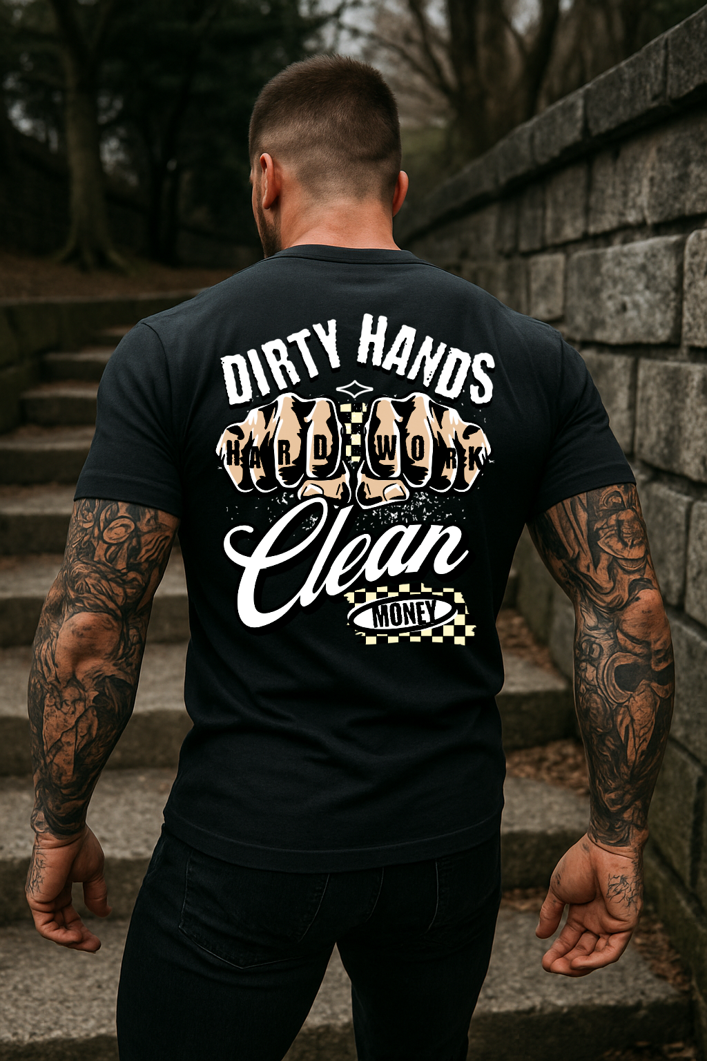 DTF Transfer Dirty Hands Clean Money – Hard Work Tattoo Fist Design