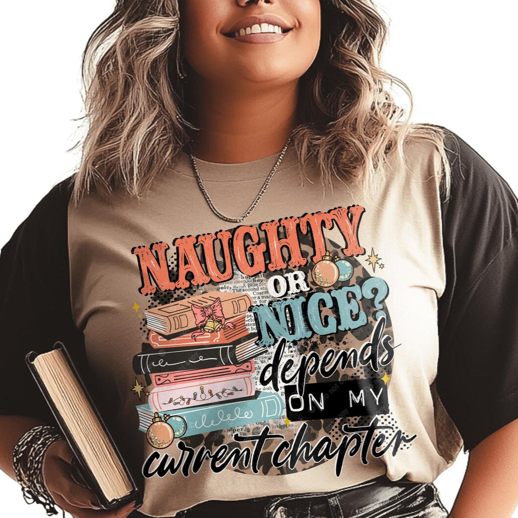 DTF Transfer Naughty or Nice - Fun Book Lover's Holiday Design