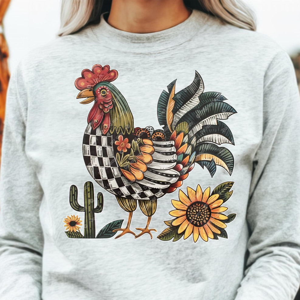 DTF Transfer Rustic Rooster Sunflower Western Farmhouse Design