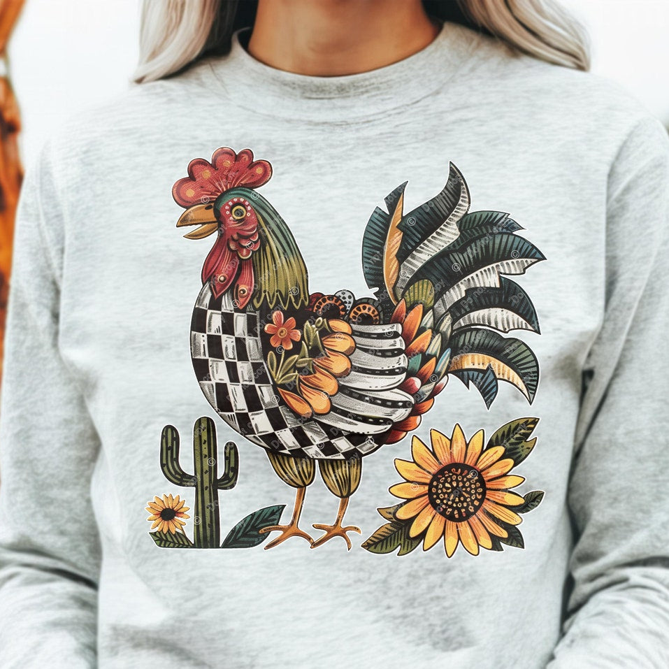 DTF Transfer Rustic Rooster Sunflower Western Farmhouse Design