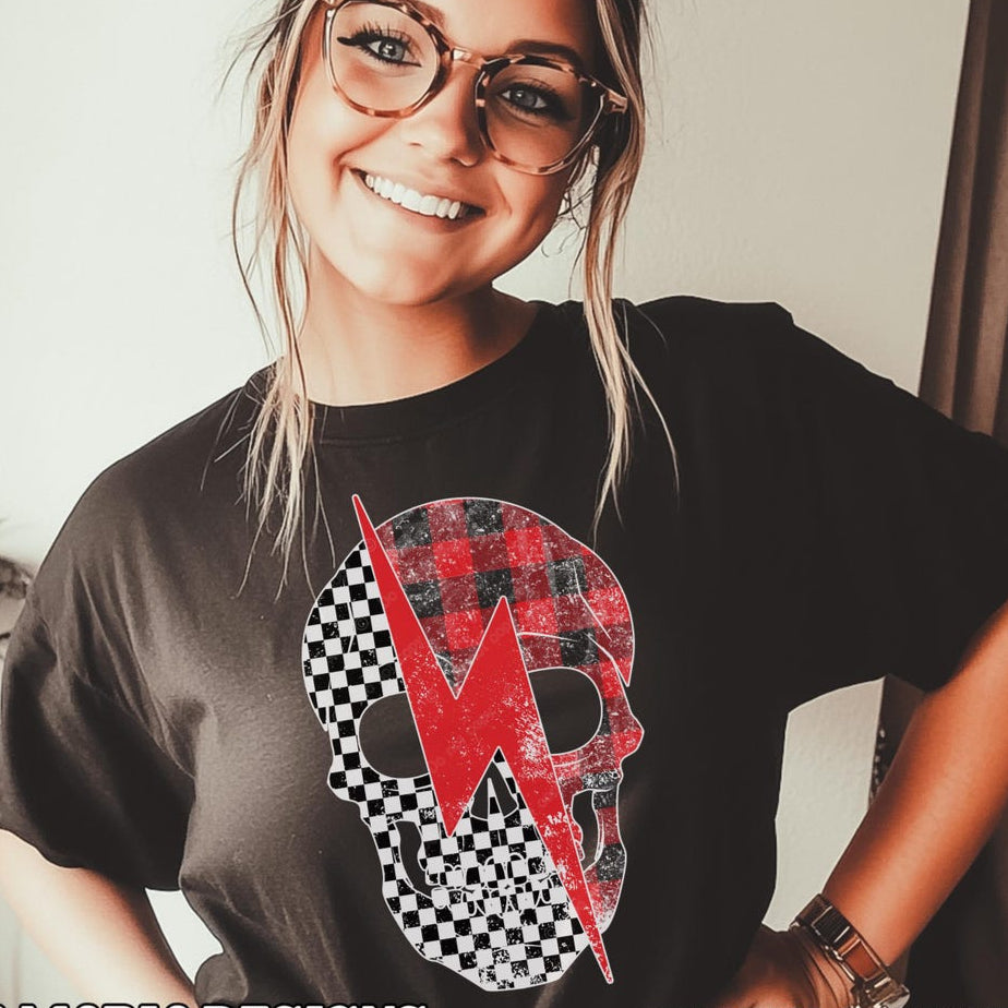DTF Transfer Plaid & Checkered Skull with Lightning Bolt Grunge Design