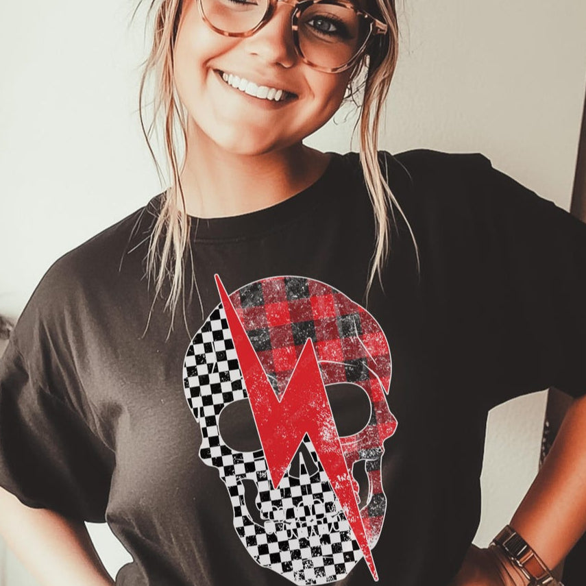 DTF Transfer Plaid & Checkered Skull with Lightning Bolt Grunge Design