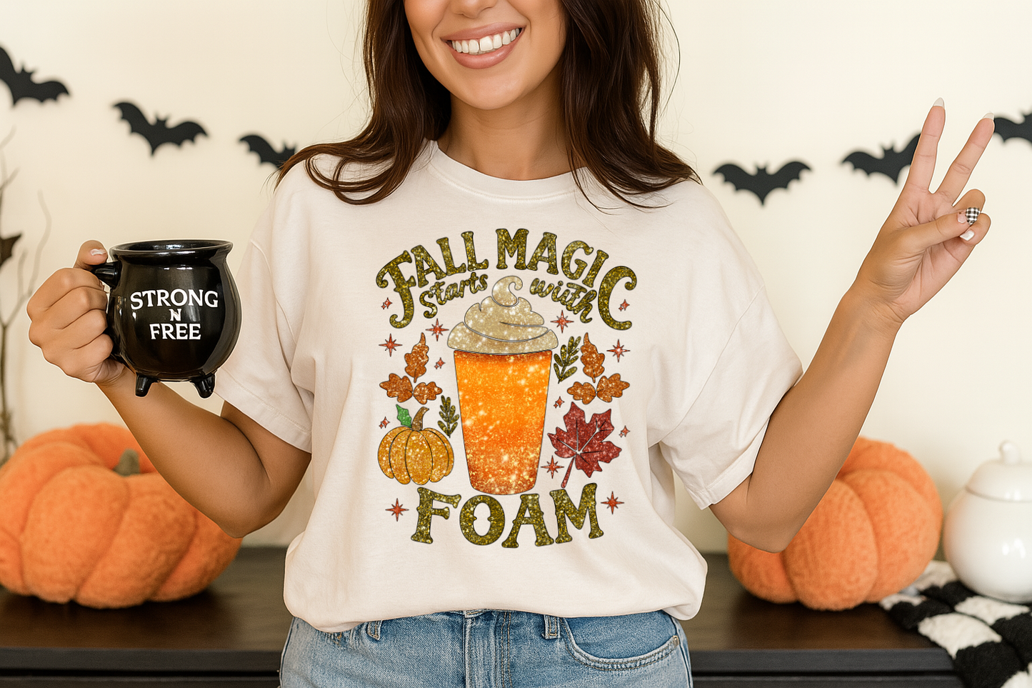 DTF Transfer Fall Magic Starts with Foam – Glittery Autumn Latte
