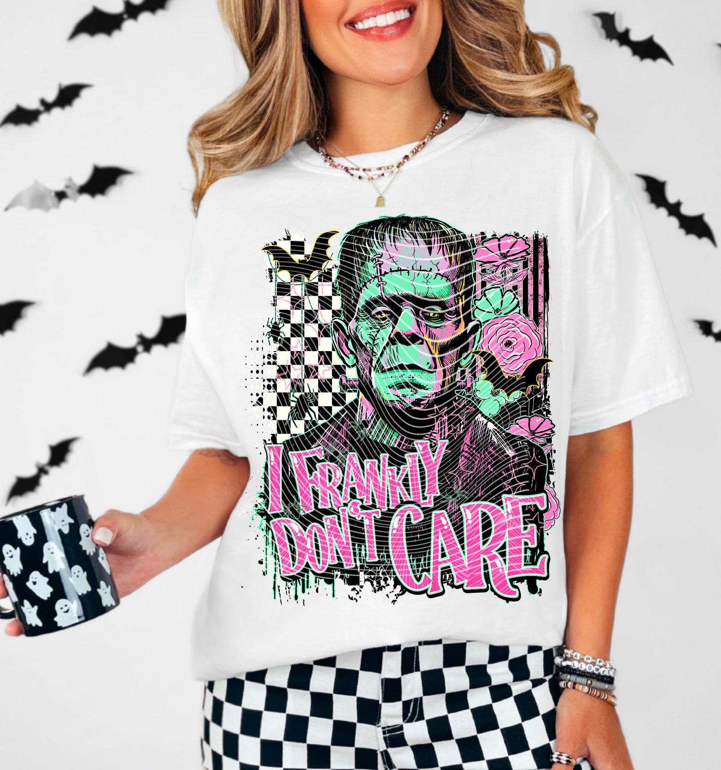 I Frankly Don’t Care Tee – Neon Frankenstein Retro Halloween Shirt