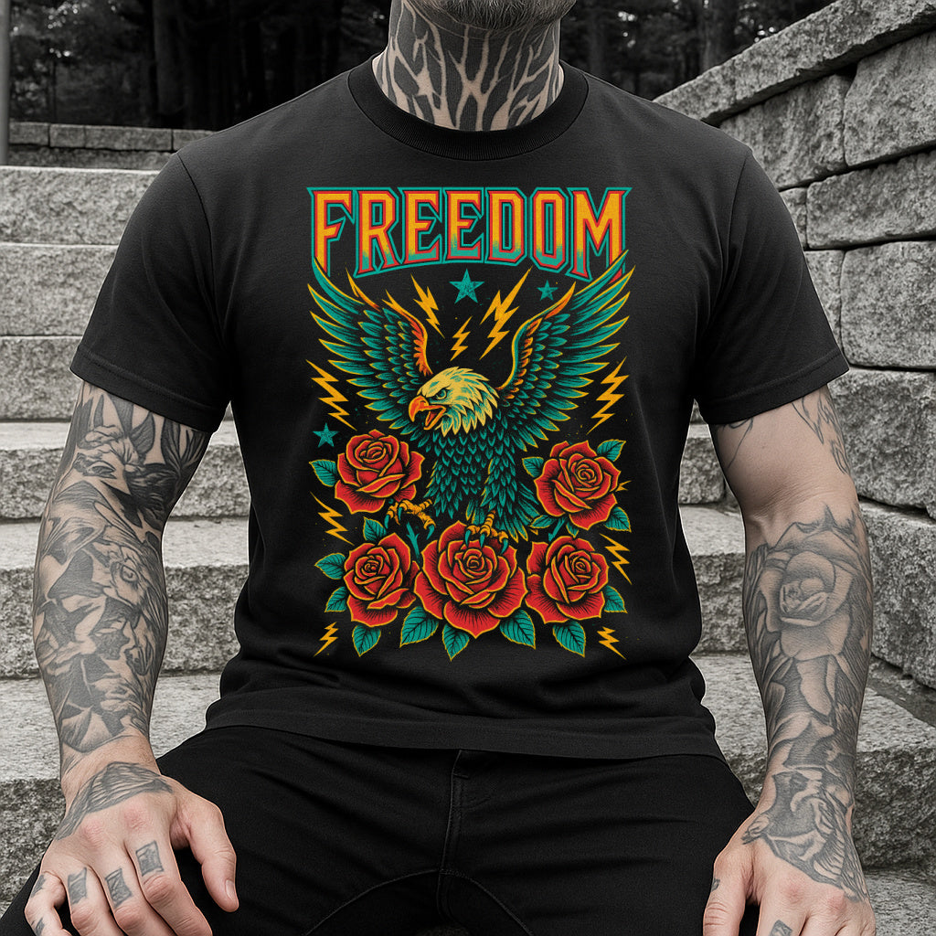 DTF Transfer Freedom Eagle – Tattoo Style Lightning & Roses Graphic